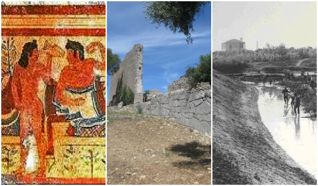 Etruscan frescoes in Tarquinia, Roman Ruins in Ansedonia (Cosa), a historical photo of the reclamation works